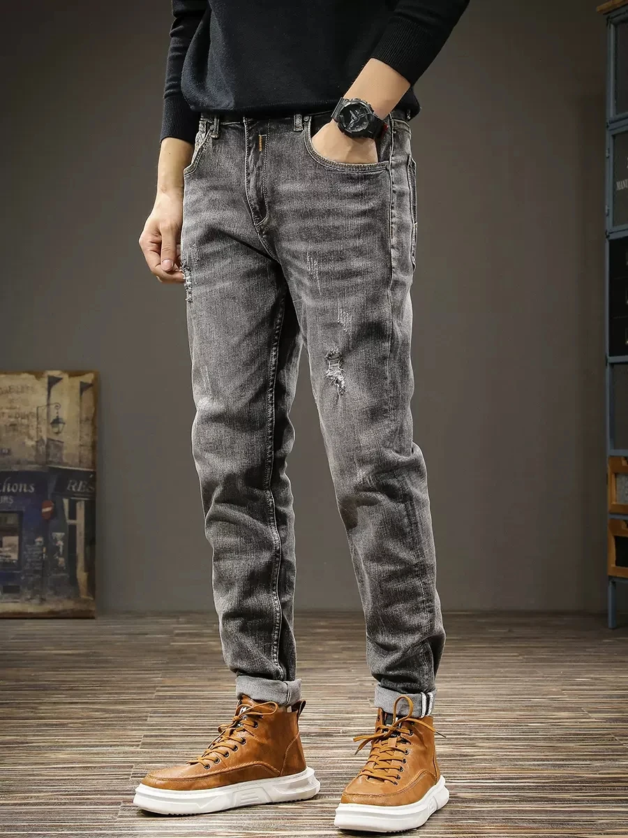 Fashion Designer Men Jeans Retro Black Gray Stretch Slim Fit Ripped Jeans Men Hole Trousers Vintage Casual Denim Pants Hombre