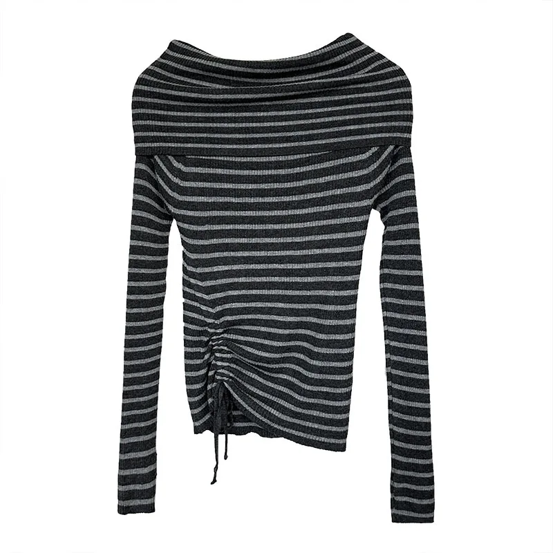 Pre-autunno New Light Mezza spalla T-shirt a maniche lunghe a righe Autunno da donna Dimagrante Top monospalla