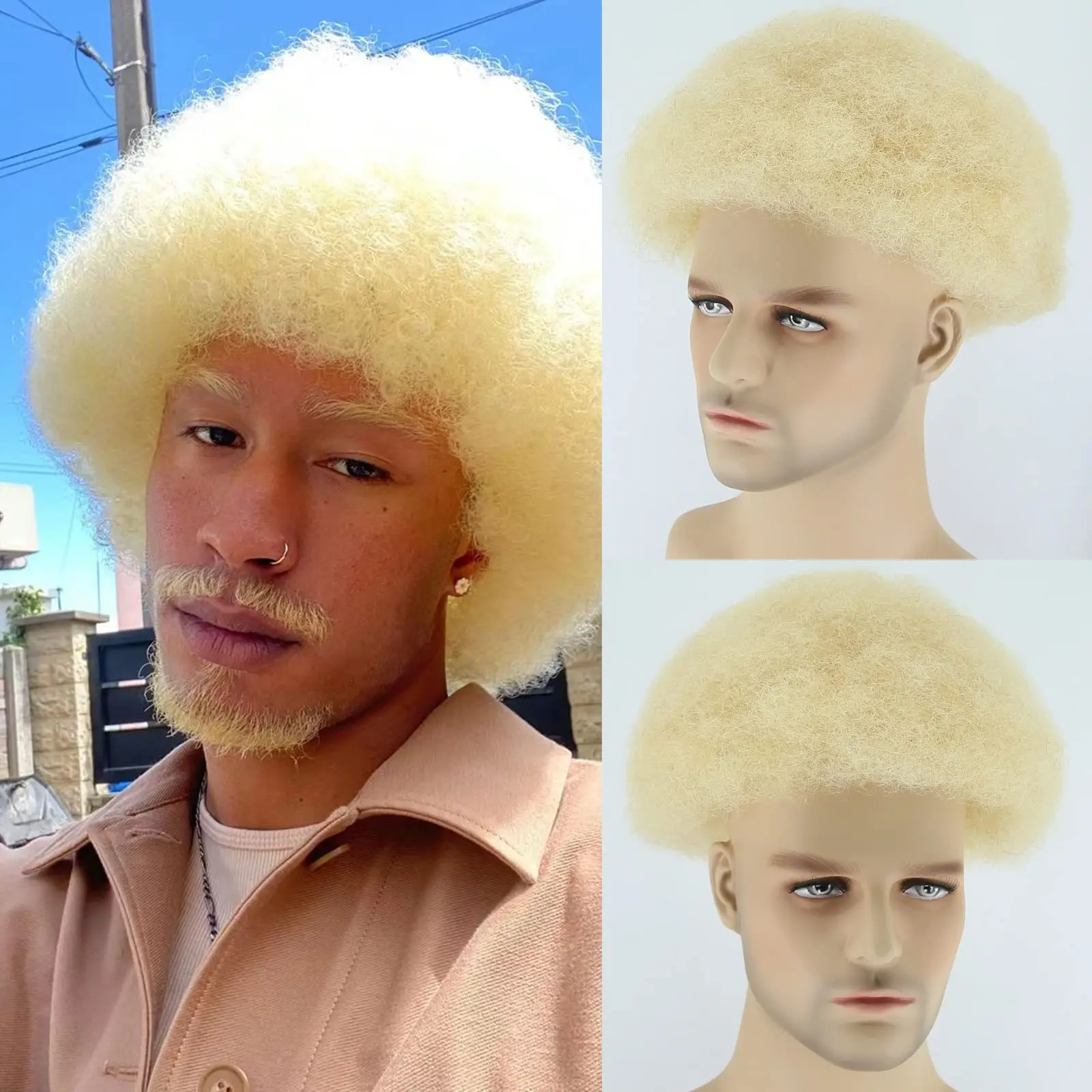 Blonde Afro Toupee for Black Men 8*10 Fluffy Explosion Mens Toupee Human Hair Afro Curly Toupee for Men Full Lace Wig Systems