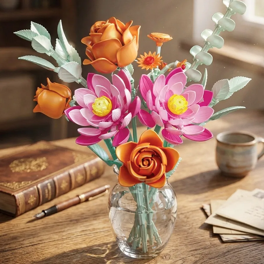 Blumenstrauß-Baustein-Set, Lotus- und Rosen-Blumendekoration, Heimdekoration, Muttertagsgeschenk, Weihnachtsgeschenk