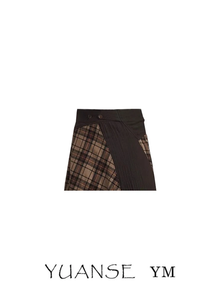 Vintage Plaid Color Block A-Line  Skirt Women's Spring Summer Pleated Texture Slimming Midi Skirt Retro Style Half-length