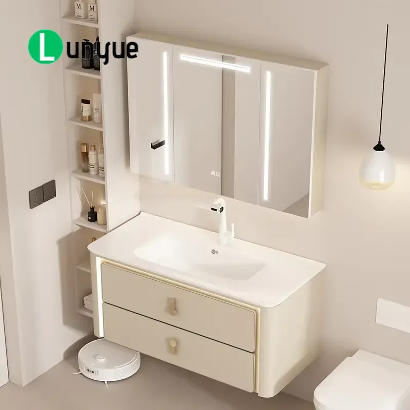 Modern Elegant Bathroom Vanity with Ceramic Basin Smart Mirror Waterproof Wall Mounted Storage Drawers for Apartment Villa