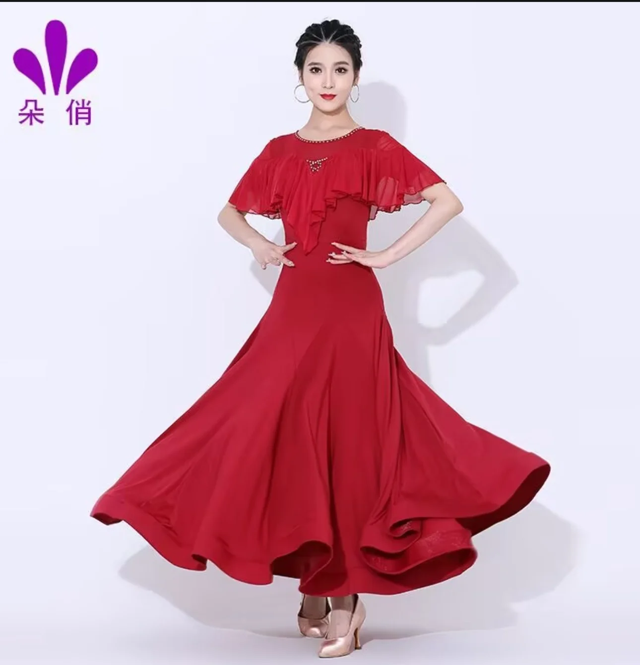 

1 шт./лот, женское длинное однотонное платье в винтажном стиле для бальных танцев, женское однотонное платье с оборками и короткими рукавами, платье для вальса