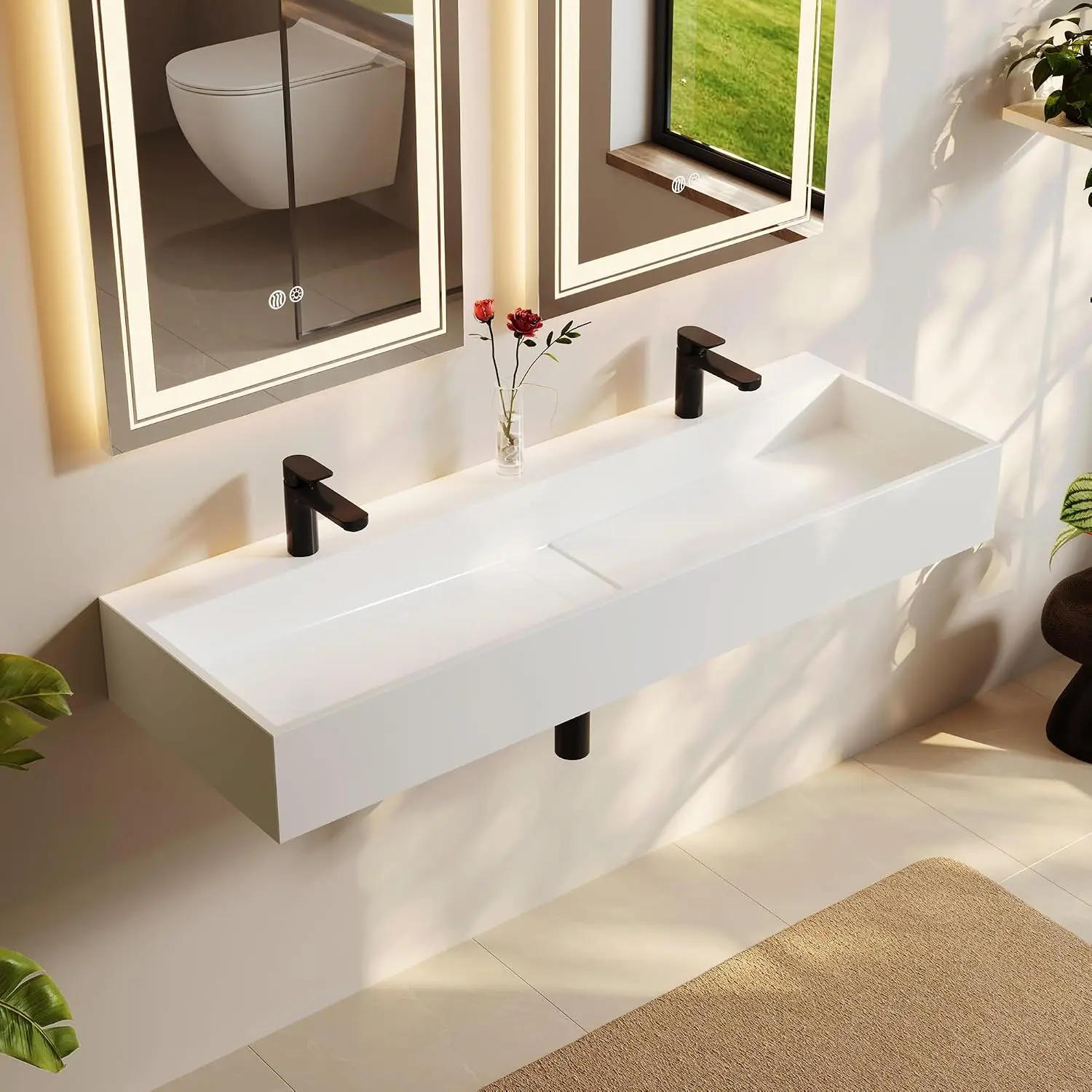 47'' Bathroom Vessel Sink Double-Bowl Bathroom Sink Wall Mounted Trough Floating Sink in Matte White, Customized