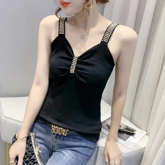 

#4511 Tight Crop Top Women With Beading Sexy Tops V Neck Short Sleeveless Top Slim Off Shoulder Top Fashion Summer Tank Top