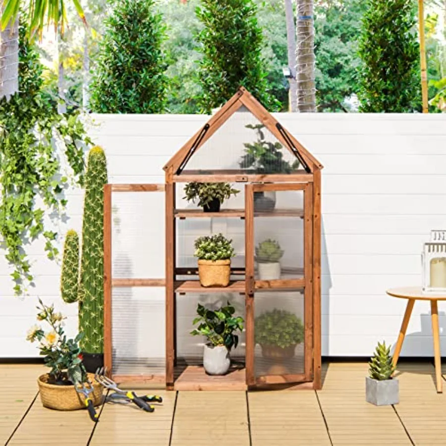 Cold Frame Greenhouse for outdoor patio balcony garden backyard, wooden raised flower planter shelf with triangular top grow pr