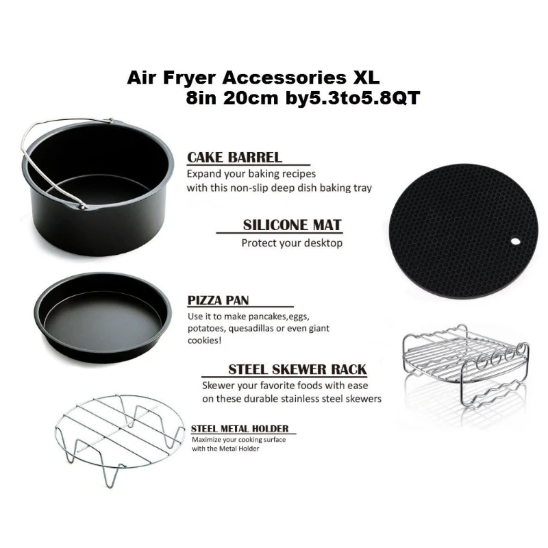 Bộ 5 Phụ Kiện Nồi Chiên Không Dầu Air Fryer 3.5QT 5.8QT Có Giá Bằng Thép Không Gỉ Dropship