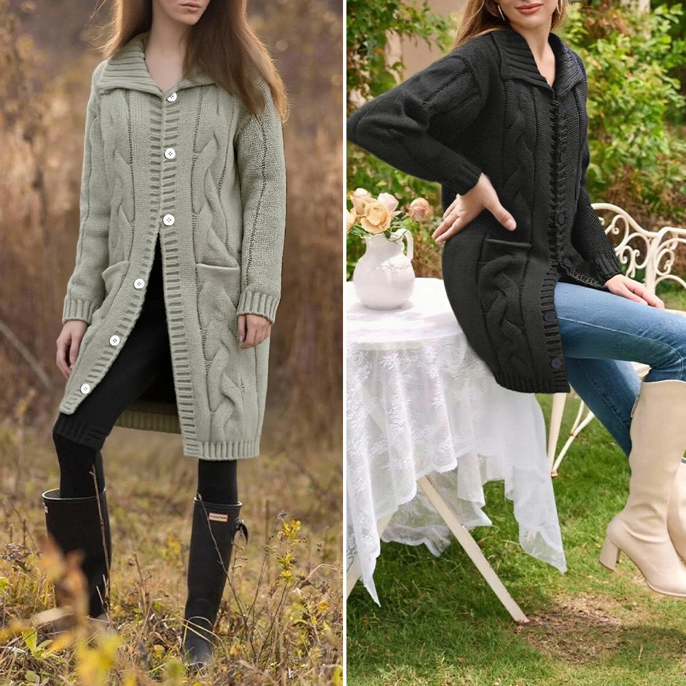 Cardigan long en tricot torsadé pour femme : col châle boutonné – Tenue quotidienne décontractée automne/hiver, vêtements d'extérieur chauds surdimensionnés et confortables en tricot