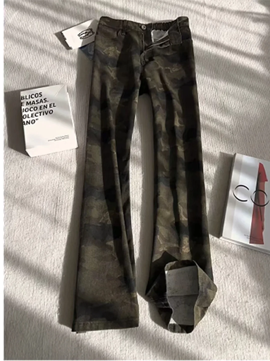 

Men Women Camouflage Fleece Lined Slim Fit Jeans Cleanfit Long Legging Workwear Trousers mid Waist Decorative Stitching