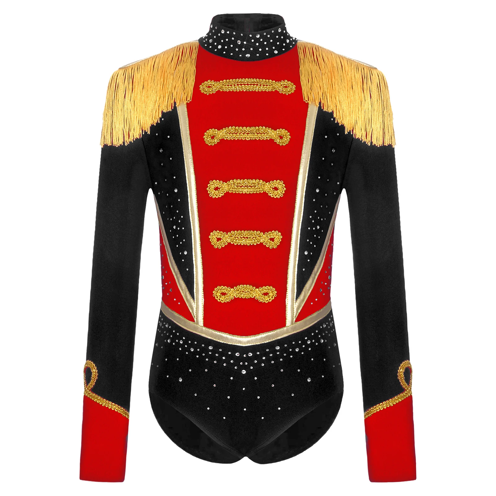 

Kids Girls Enchanting Circus Bodysuit Shiny Rhinestones Fringed Epaulets Long Sleeve Contrast Color Leotard for Fancy Dress Up