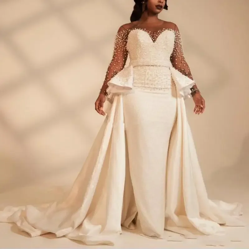 Customized African Mermaid Wedding Dresses Removable Sheer Neck Long Sleeve Sweep Train Garden Country Chapel Bridal Gowns