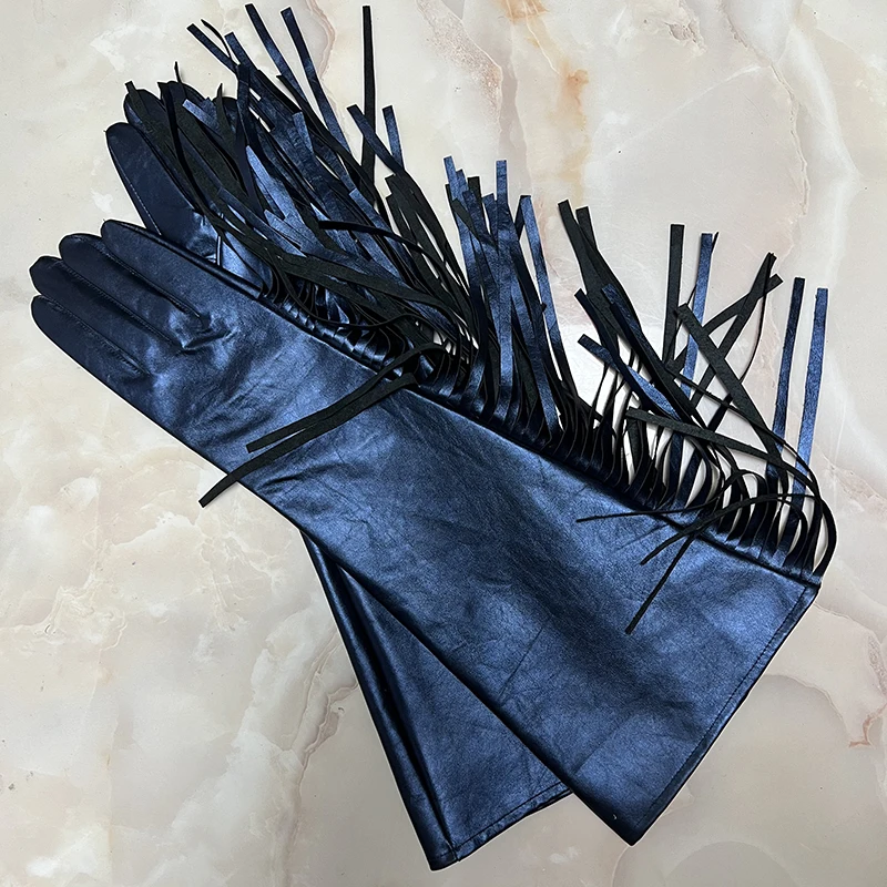 Tassel Long Cowhide Leather Gloves Blue 70cm Extra Long Fringe Tassel Arms Club Wedding Make Up Dance Sexy Elbow Opera Gloves