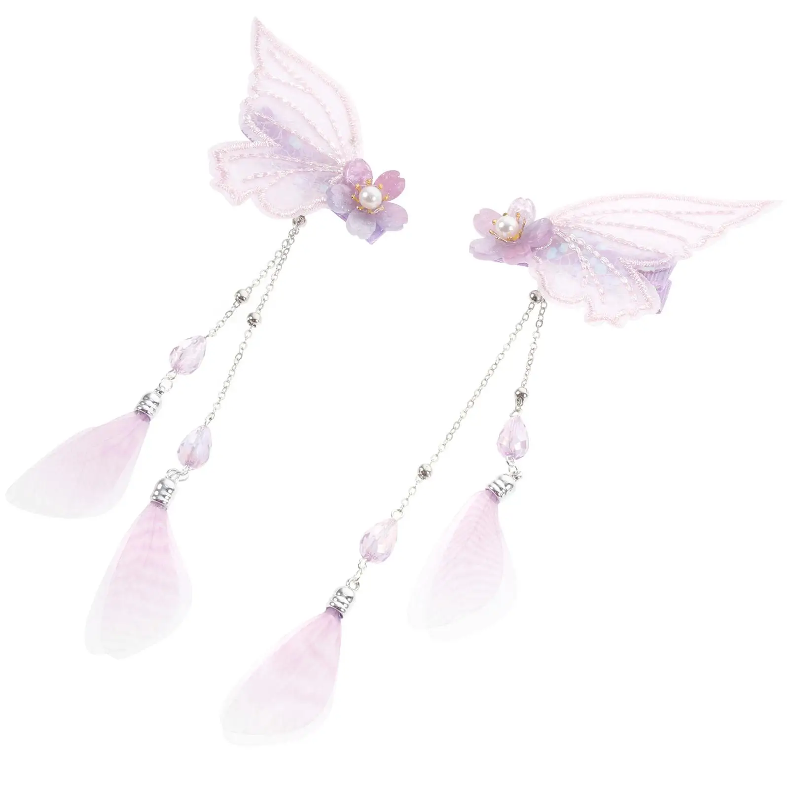 

2Pcs Purple Clips Flowers Pearl Hair Barrettes Tassel Baby Girl Metal Accessories Butterflies Clips Masquerade Gifts