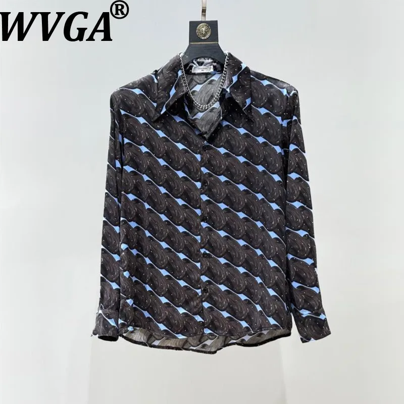 WVGA Summer New Man Tide High-End Printed Long Sleeve Shirt Niche Chic Casual Hot Diamond Shoulder Padded Trendy Tops Ins W20482