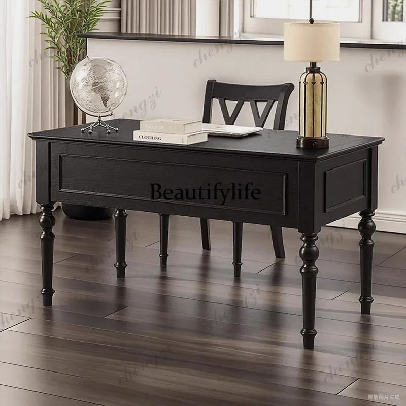 A68Medieval black solid wood, boss desk, home study, French retro computer, writing desk, book chair
