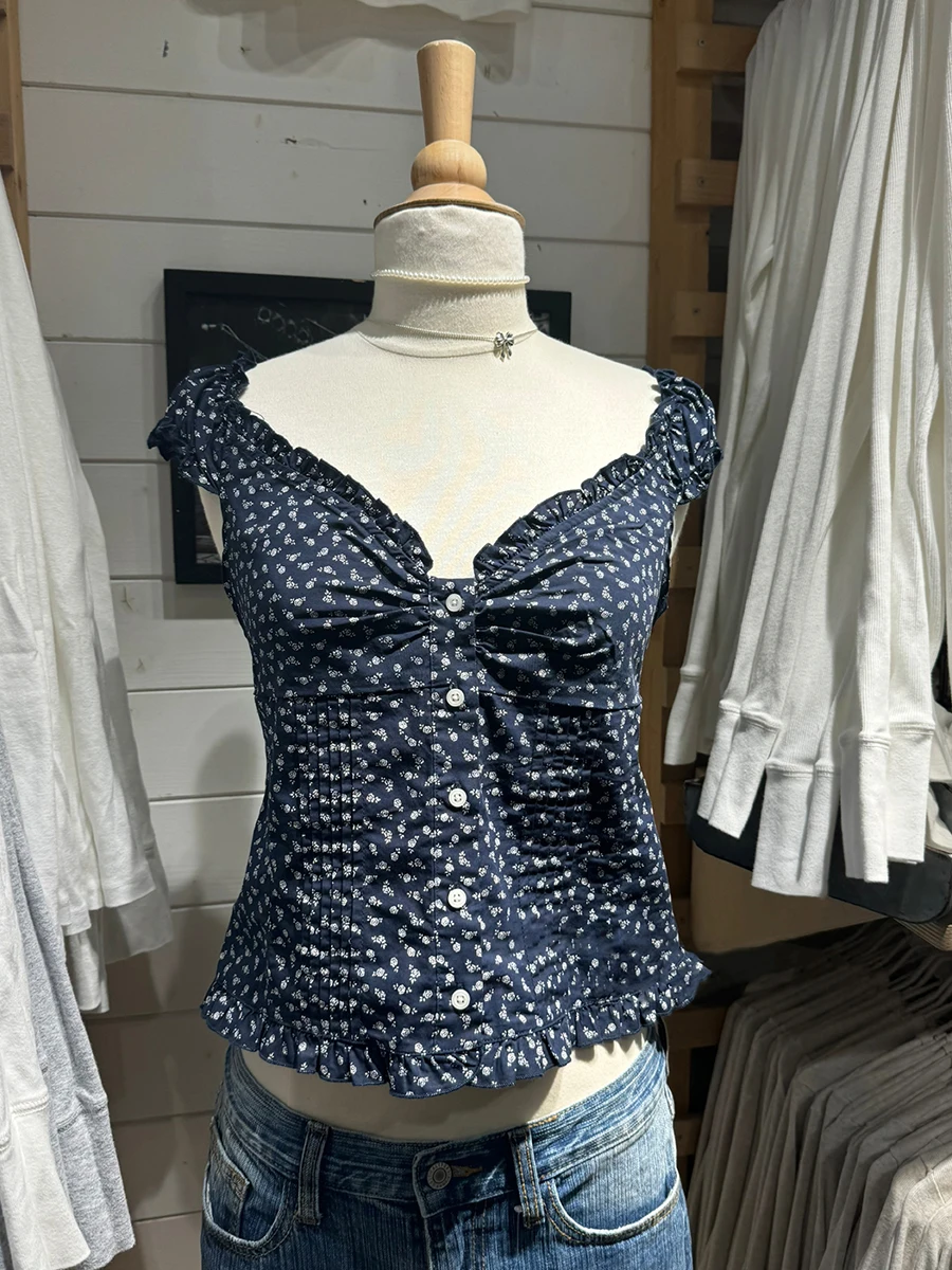 

Темно-синяя футболка со складками и цветочным принтом, женская однобортная футболка с рюшами и v-образным вырезом, летние милые винтажные повседневные тонкие топы