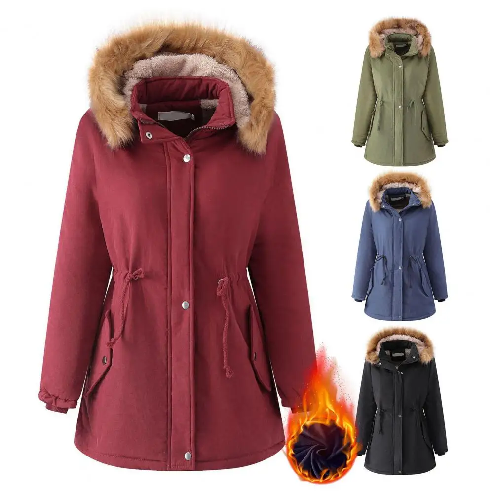 Abrigo de longitud media con capucha desmontable para mujer, Chaqueta de manga larga con cuello levantado, forro polar de Color sólido, prendas de