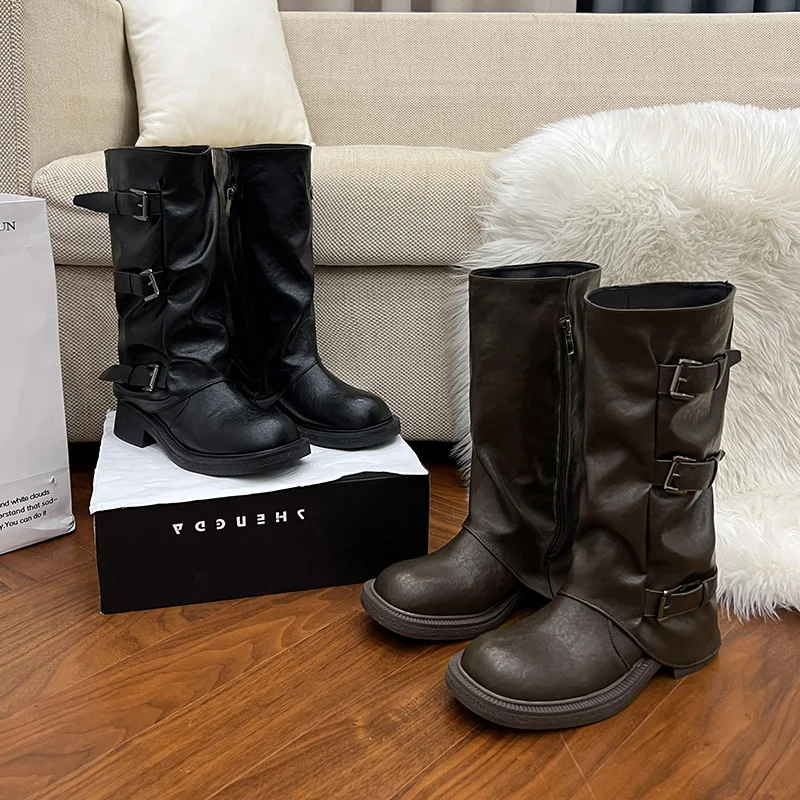 Womens Knee High Boots Round Toe Low Block Heel Smooth Upper Slouchy Shaft Triple Buckle Strap Accent Design