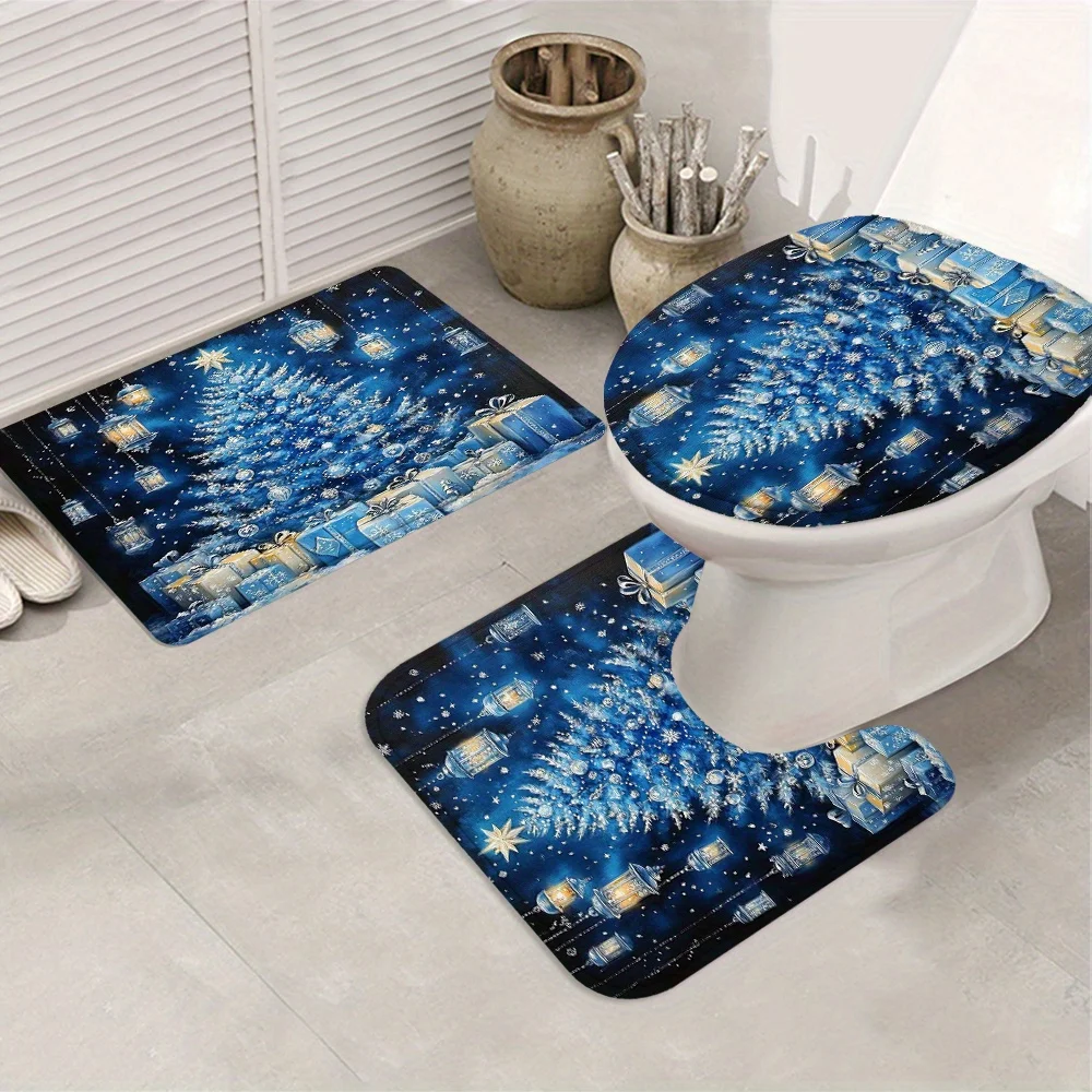 4Pcs Dream Xmas Night Bath Set, Tree Theme Shower Curtain, Modern Holiday Decor, 12 Hooks, Non-Slip Mat, U-Shaped Toilet Cover