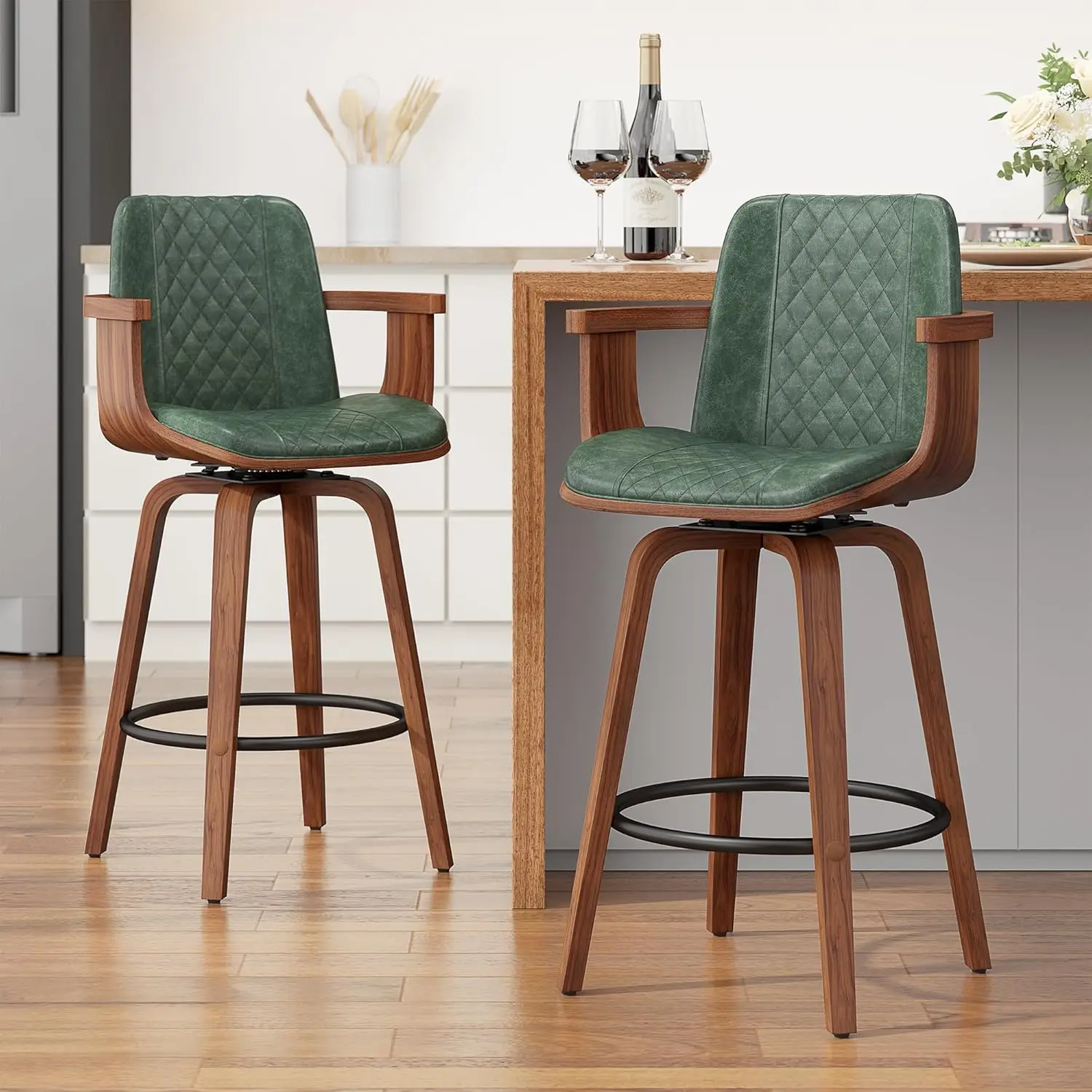 ty-Swivel Bar Stools Set of 2, 26 Inch Counter Height Bar Stools with Arms and High Back, Upholstered PU Leather, Customized-