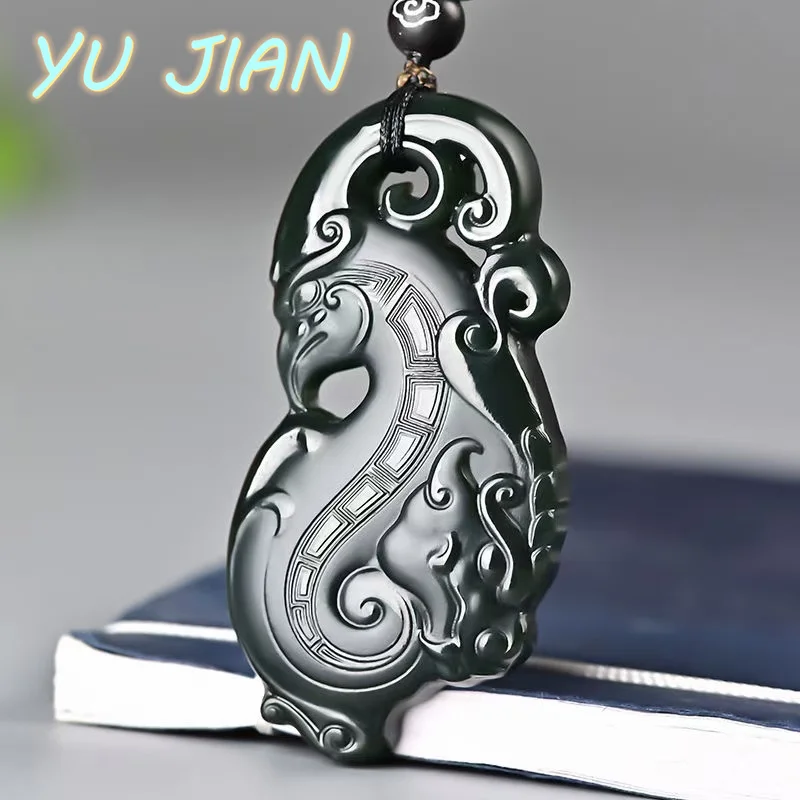 

Natural Hetian Jade Antique Dragon Phoenix Pendant Hand Carved Necklace with Chain Fine Jewelry