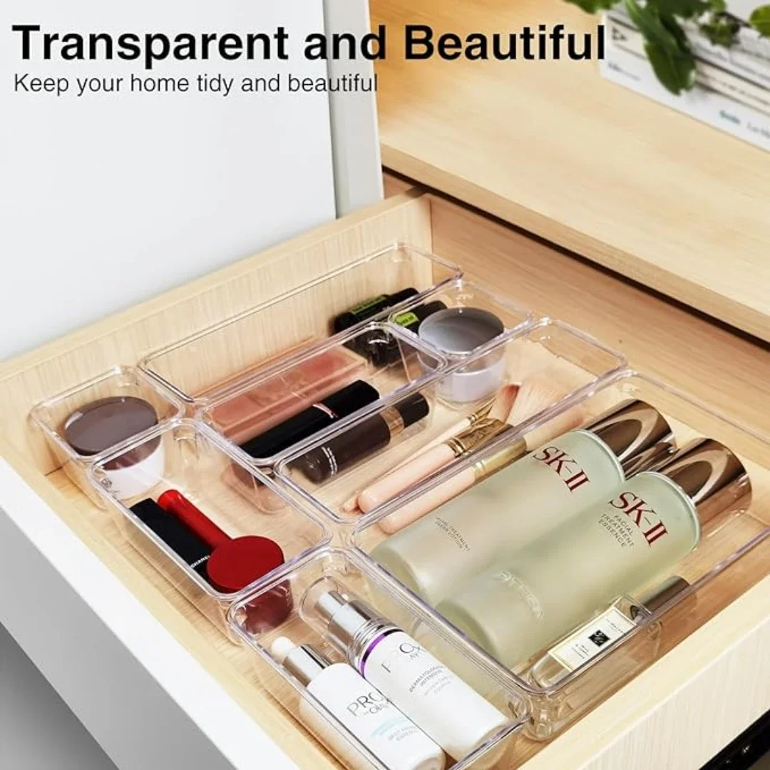 25 PCS Clear Plastic Drawer Organizers Set,Desk Drawer Dividers Trays Dresser Storage Bins Separation Box for Makeup, Jewelries