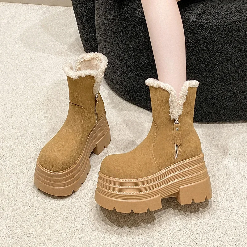 10CM Winter Warm Snow Boots Women High Platform Fur Mid-Calf Boots Thick Bottom Plush Shoes Female Heels Chunky Leather Sneakers