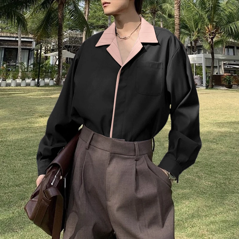 

INCERUN Мужская рубашка в полоску в стиле пэчворк с лацканами и длинным рукавом, свободная мужская одежда, уличная одежда, модные повседневные рубашки в корейском стиле, мужские S-5XL