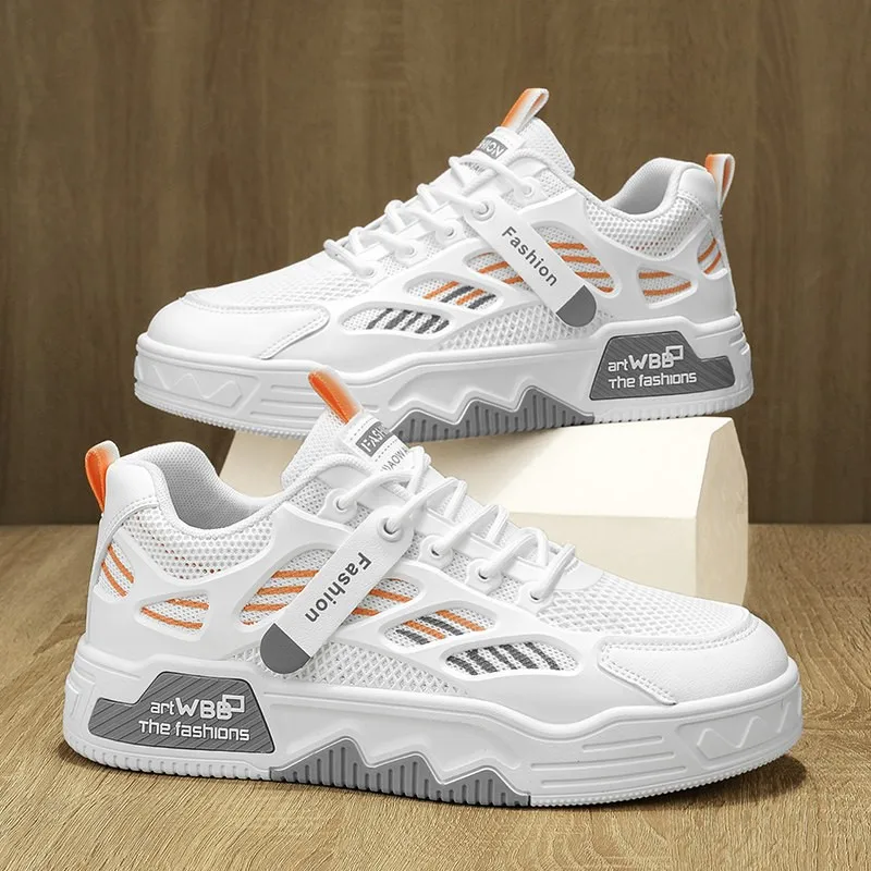 Men's Sporty Mesh Shoes Soft Bottom Heightening Trendy White Casual Sneakers Versatile for Students Comfortable Daily Wear