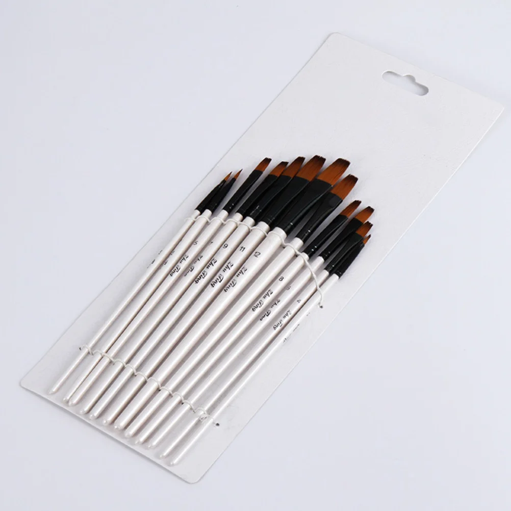 

12Pcs Painting Kit Wooden Handle Nylon Hair Watercolor Oil Painting Tools (Flat) painting brush set oil painting brush set