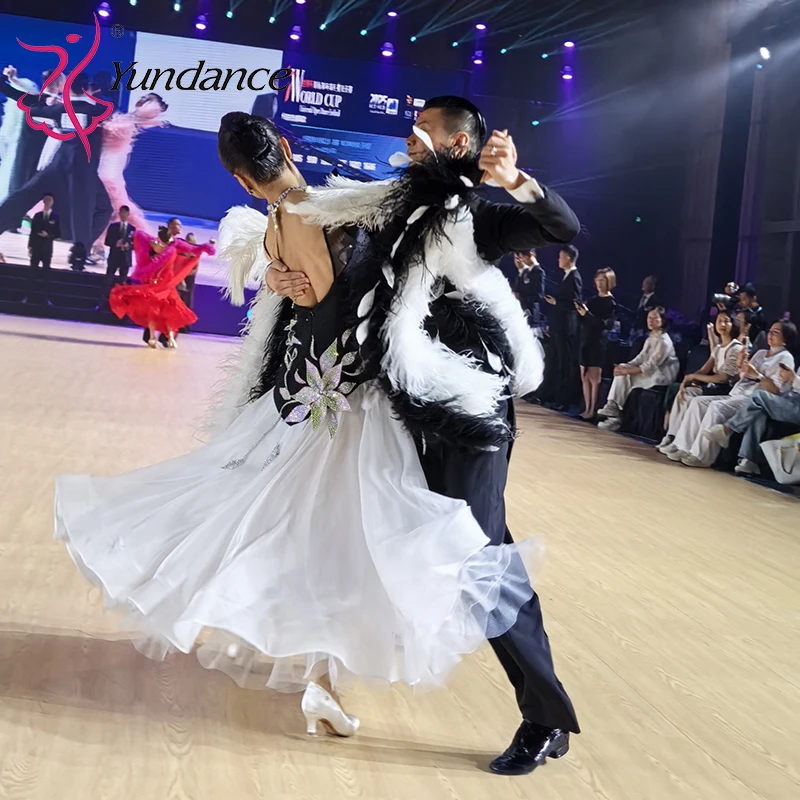 B-25044-1 Yundance Ballroom Dance Plus Size Women's Dresses Competition Waltz Modern Costume White Black Rhinestone Chiffon