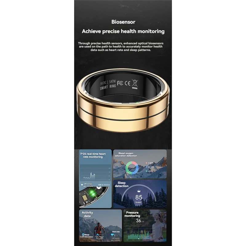 Inteligentny pierścień z trybami wielu sportów, sterowaniem gestami, monitorowaniem tętna, natlenienia krwi, śledzeniem snu i stresu oraz funkcją fitness trackera B