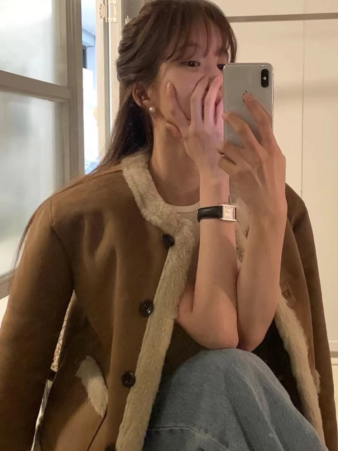 Faionable على الوجهين ارتداء فرو الضأن Jaet المرأة الكورية Sle الرجعية الجولة Ne زر واحد ثي معطف دافئ طويل Sve