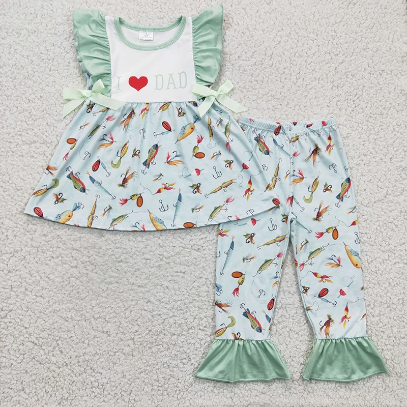 

Wholesale Baby Girl I Love Dad Outfit Short Sleeves Fishing Tunic Top Toddler Ruffle Pants Toddler Children Spring Fall New Set