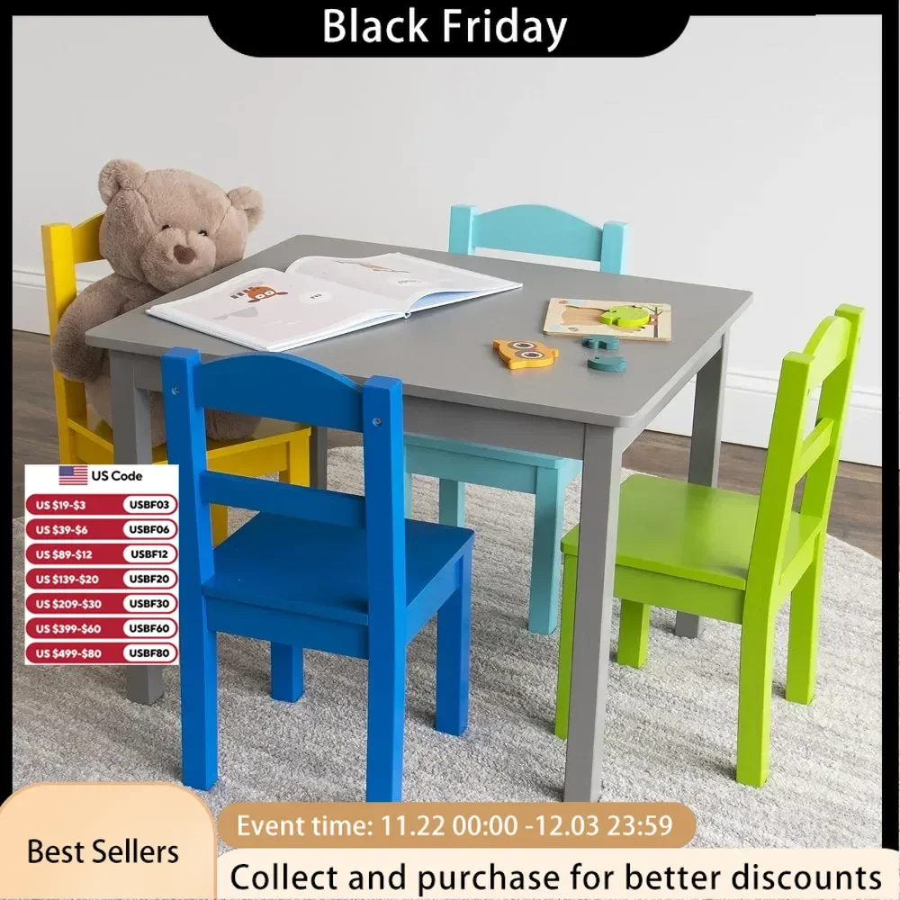 Table & Chair Sets, Grey Blue Green Yellow Kids Wood Table and 4 Chairs Set, 22