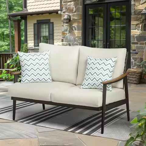 Outdoor Patio Loveseat, Patio Furniture Metal Outdoor Sofa with Wicker Backrest &amp; 6 Inches Cushion for Front Porch,Balcony,Deck