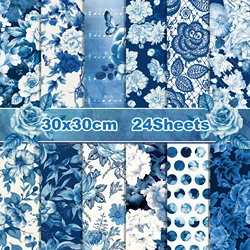 24pcs Watercolor Blue Rose Floral  DIY Craft Paper Party Gifts Decorative Packing Craft Wrapping Papers 30*30cm