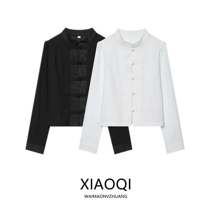 New 2026 Spring Summer Women's Shirt Slim Fit Stand Collar Waist Cinch Button up Versatile Chinese Style Long Sleeve Short Le...