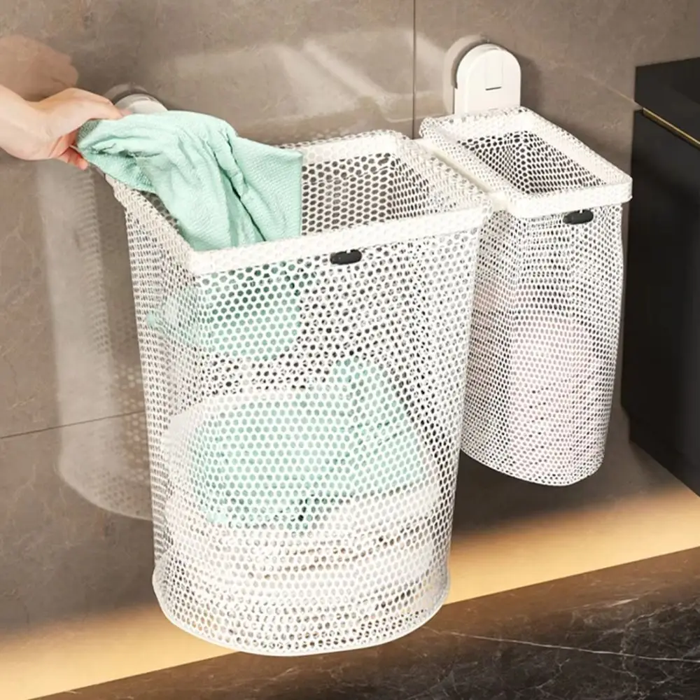 

Mesh Material Collapsible Laundry Bag Suction Cup Mounting Breathable Design Hanging Laundry Basket Large Capacity