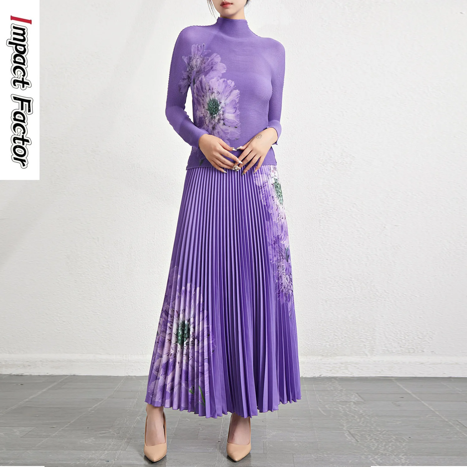 

Fashion Set Printed A-line Pleated New Vintage Flower Style Half High Collar Long Sleeve Two Piece High Waist Pleated Half Skirt