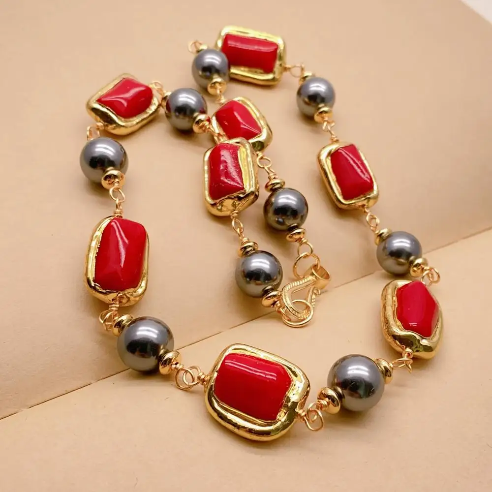 

Y·YING Black Sea Shell Pearl Red Coral Gold Plated Choker Necklace Women Jewelry Party Gift