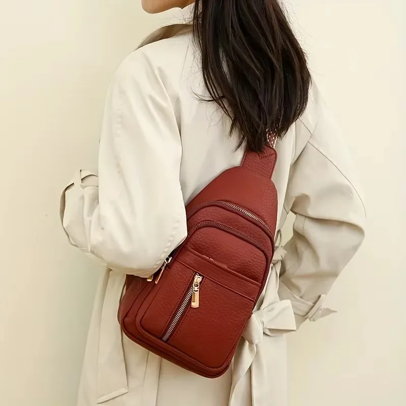 Vintage PU Chest Bag for Women, Multi‑functional Casual Crossbody Shoulder Backpack Ladies Fashion Daypack