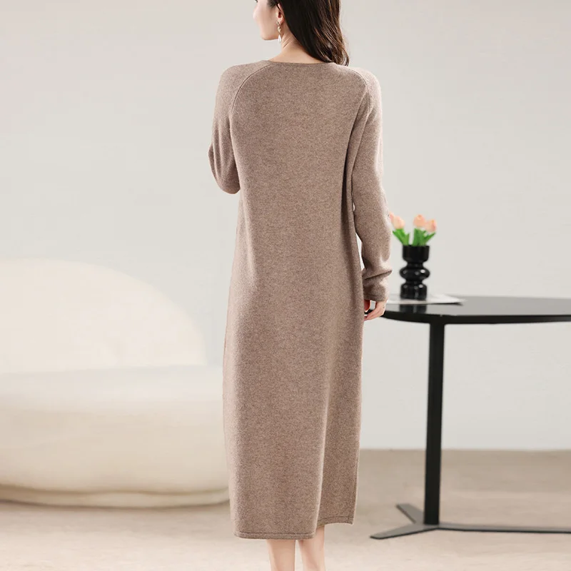 فستان نسائي محبوك من صوف ميرينو 100% كاجوال مطرز طويل رقبة دائرية فضفاض خريف وشتاء جديد 2024