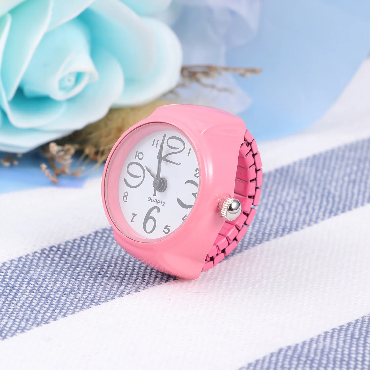 1 pçs relógio em forma de anel de dedo rosa quartzo mini relógio elástico moda unisex elegante acessório novidade presente viagem casamento