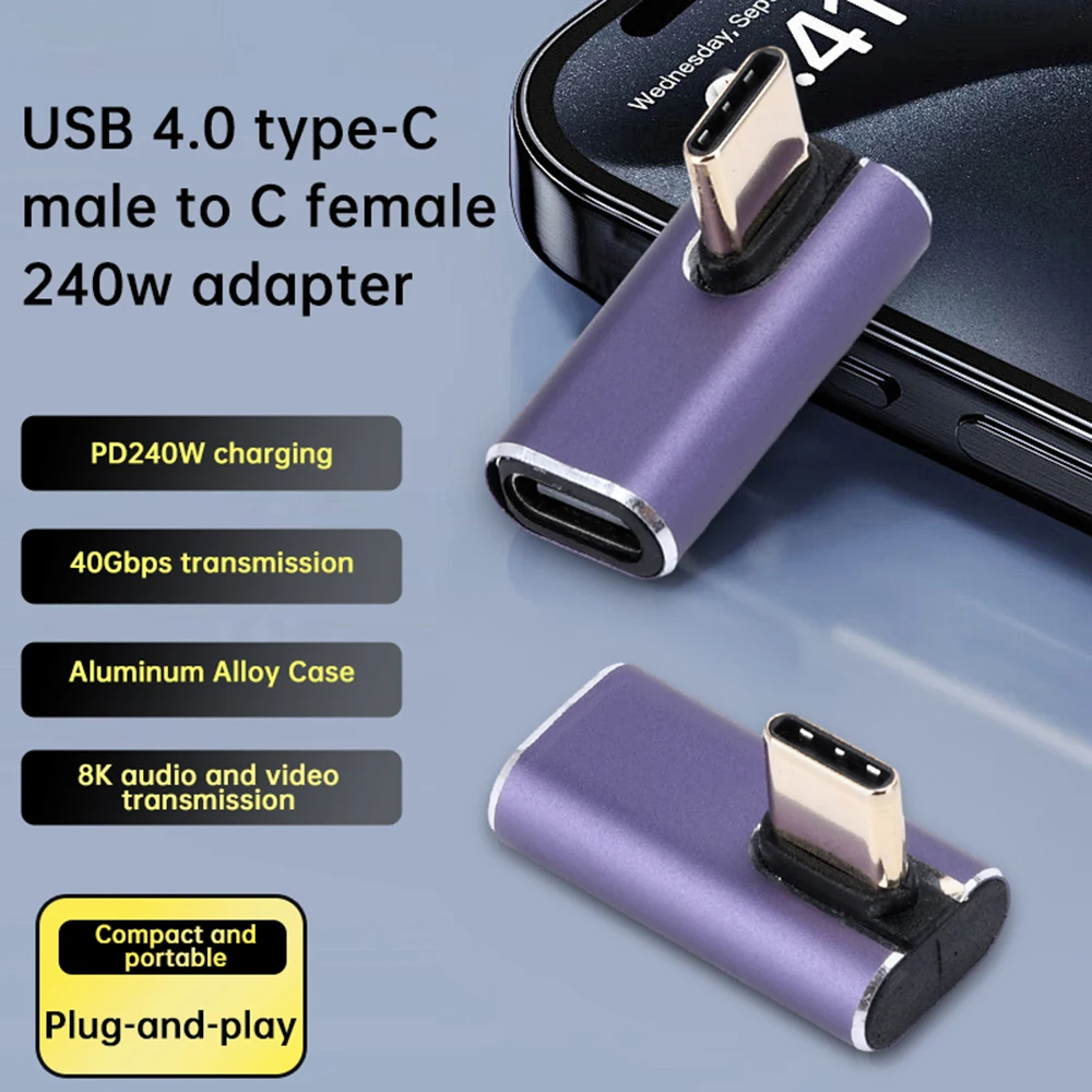 USB 4.0 PD240W 8K 60Hz / 4K 120Hz Charger Connector 40Gbps High Speed OTG Type-C Male to Female L-shaped Adapter