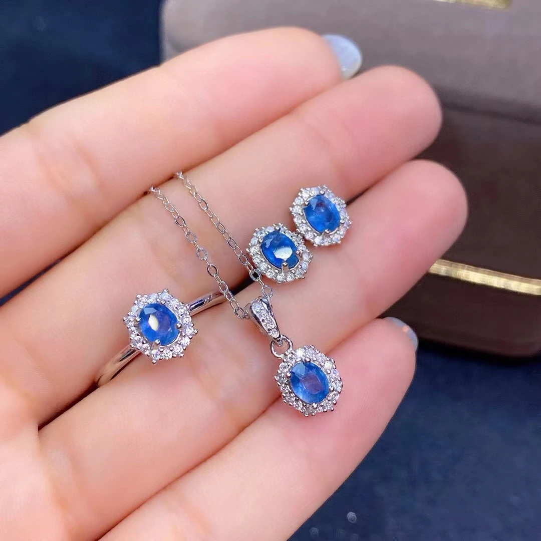 KJJEAXCMY Fine Jewelry Natural Sapphire Women's Set S925 Pure Silver Exquisite Inlaid High Clarity Gem Support Testing