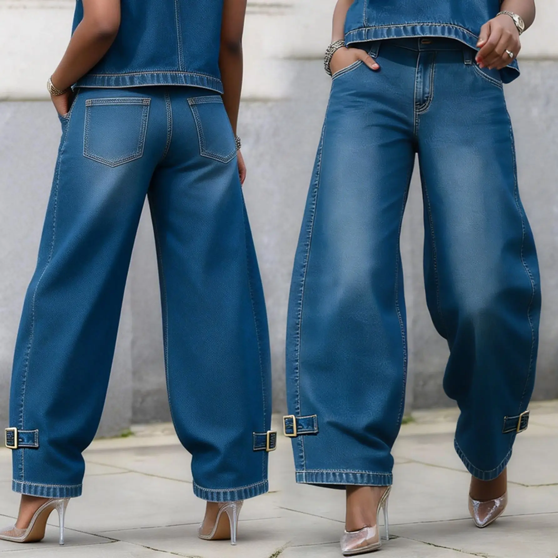 Y2K Women's High Waist Wide Leg Denim Jeans Barrel Leg Buckle Detail Baggy Pants Casual Streetwear Vintage Loose Denim Trousers