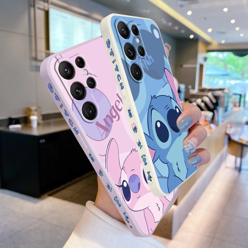 Anime Angel Lilo & Stitch Liquid Left Rope For Samsung Galaxy S24 S23 S22 S21 S20 FE S10 Ultra Plus Lite 5G Cover Back image 2