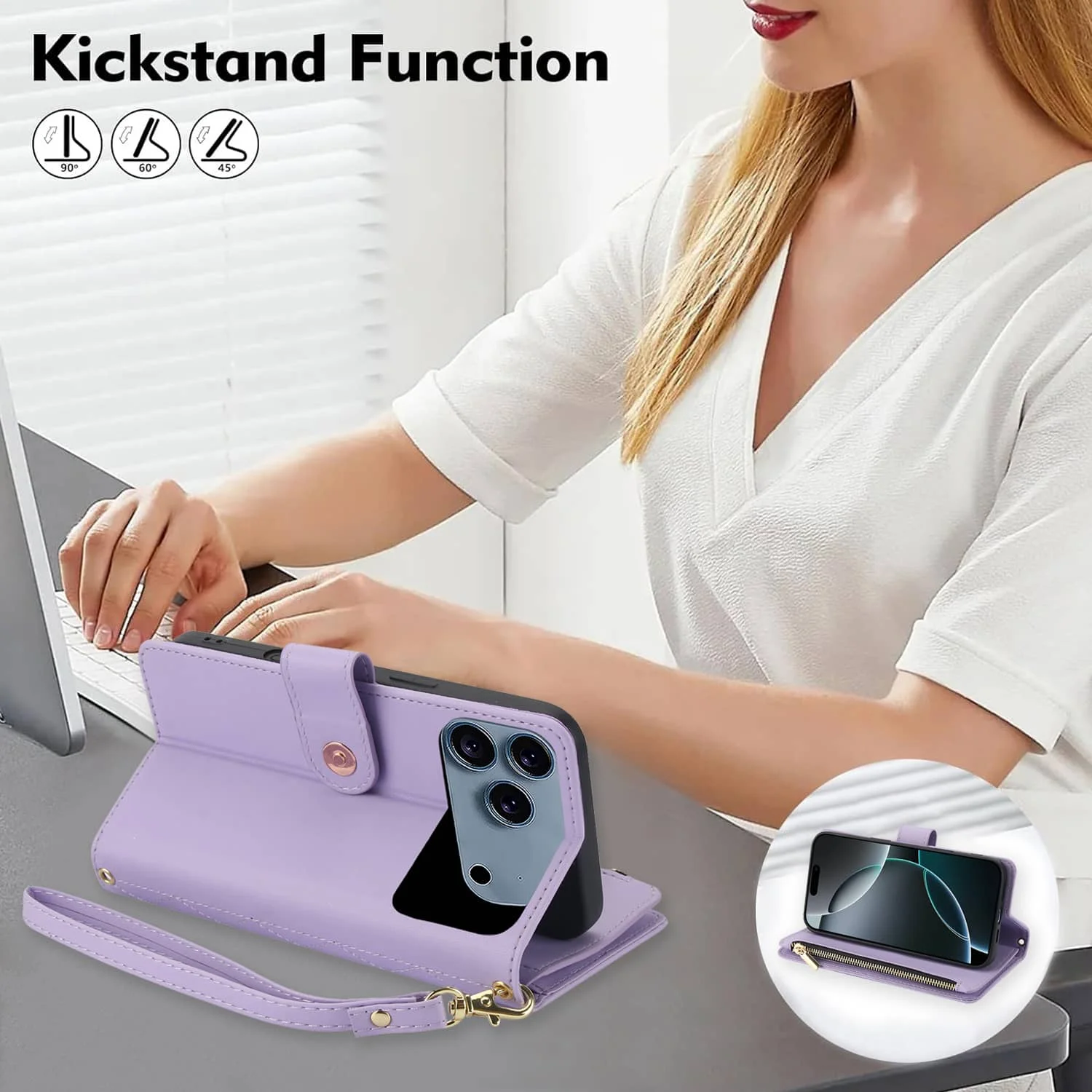 حافظة محفظة لهاتف آيفون 17 برو ماكس اير، حافظة محفظة بسحاب قابلة للتعديل مع مسند، حافظة فليب فوليو #3