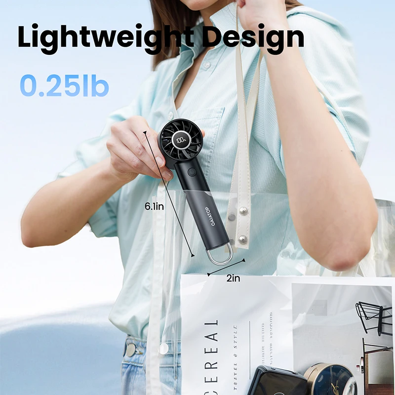 GAIATOP مروحة صغيرة محمولة، مروحة محمولة مع شاشة LED ومصباح يدوي، 3 سرعات 2000 مللي أمبير في الساعة USB مروحة بطارية قابلة للشحن